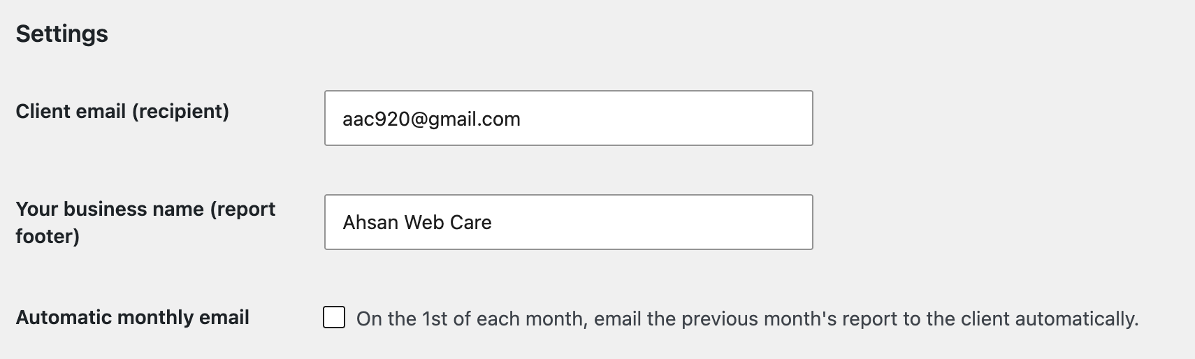 Settings: client email, business name, automatic sending