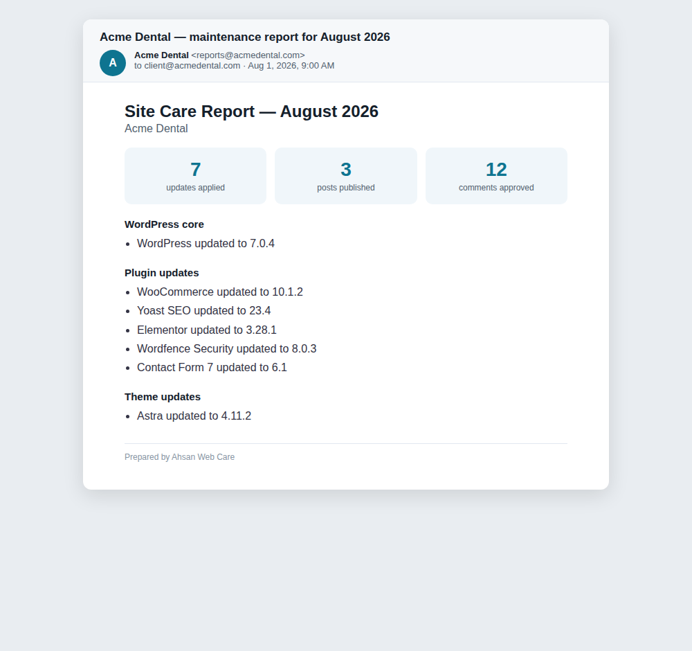 The emailed report your client receives